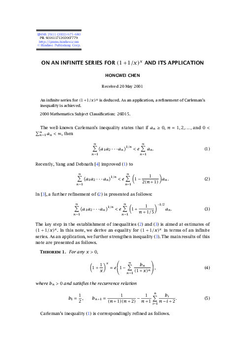 (PDF) On an infinite series for(1+1/x)xand its application