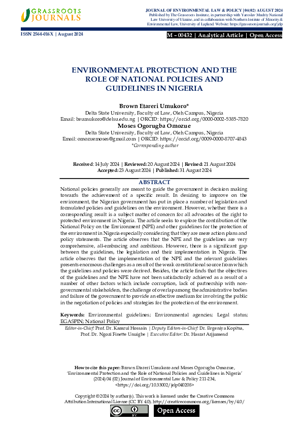 (PDF) ENVIRONMENTAL PROTECTION AND THE ROLE OF NATIONAL POLICIES AND ...