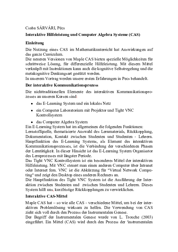 (PDF) Interaktive Hilfeleistung und Computer Algebra Systeme (CAS)