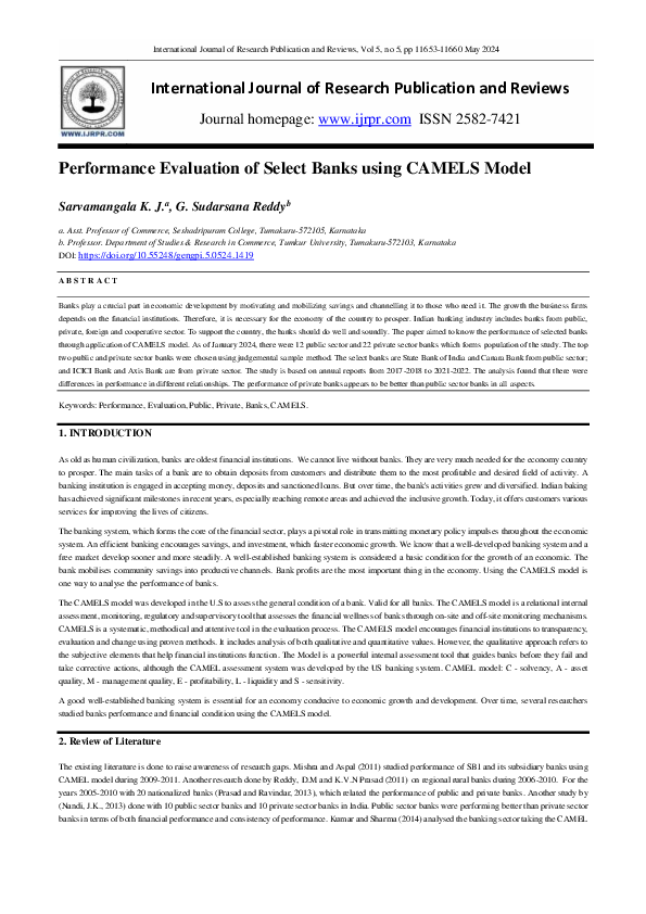 (PDF) Performance Evaluation of Select Banks using CAMELS Model