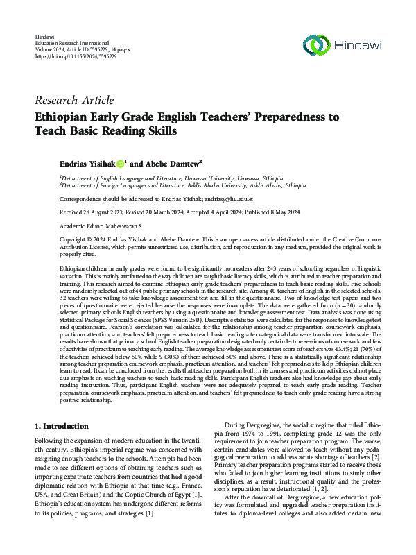 (PDF) Ethiopian Early Grade English Teachers’ Preparedness to Teach