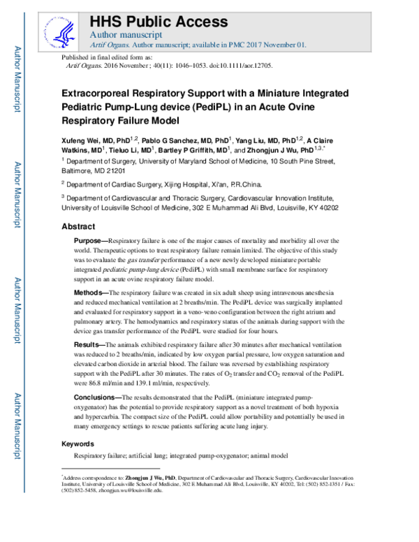 (PDF) Extracorporeal Respiratory Support With a Miniature Integrated ...