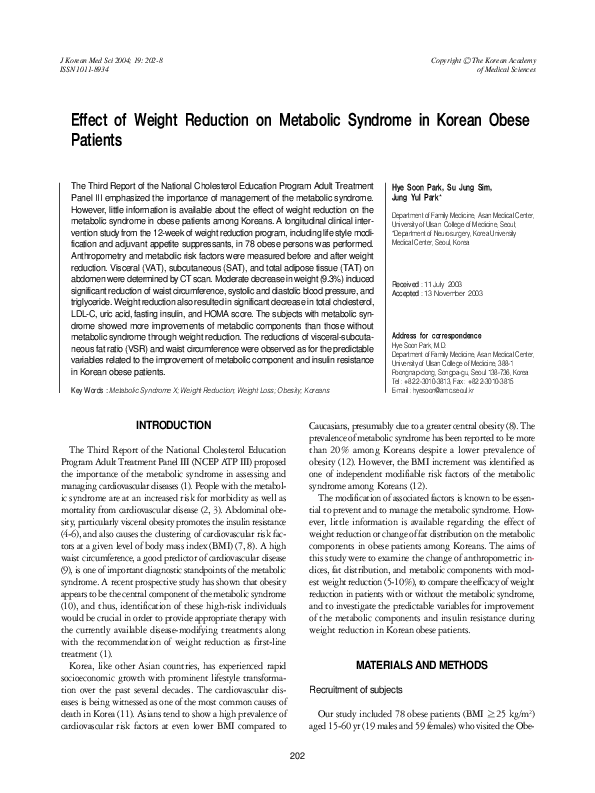 (PDF) Effect of weight reduction on metabolic syndrome in Korean obese ...