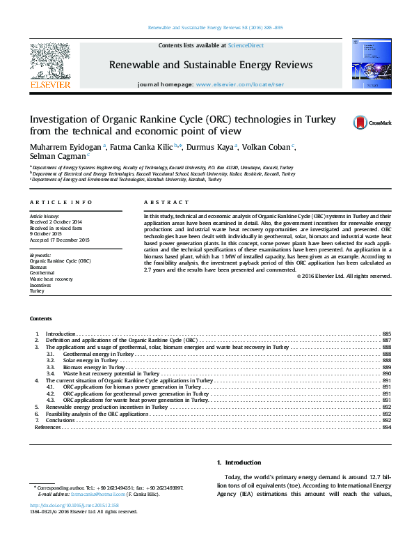 (PDF) Investigation of Organic Rankine Cycle (ORC) technologies in ...
