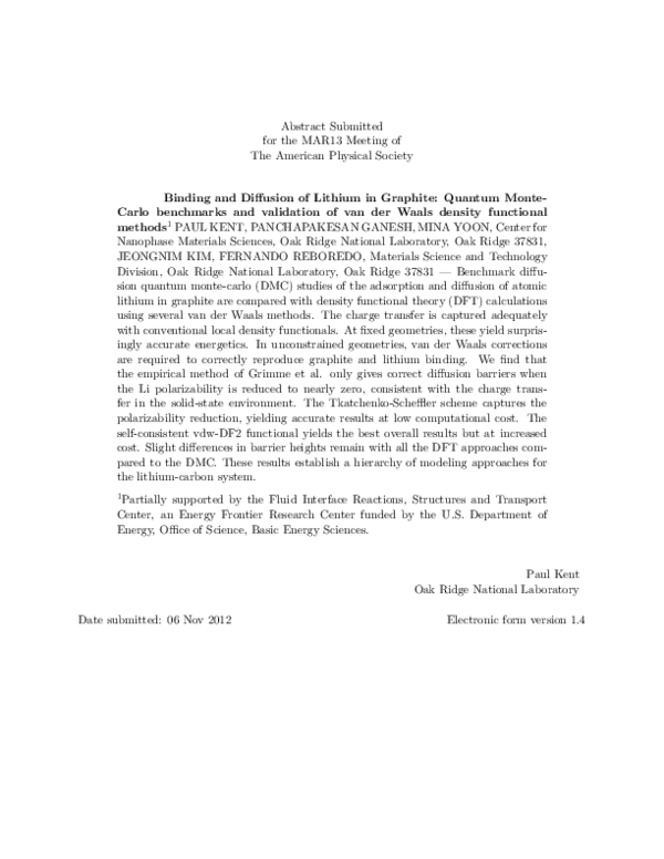 (PDF) Binding and Diffusion of Lithium in Graphite: Quantum Monte-Carlo ...