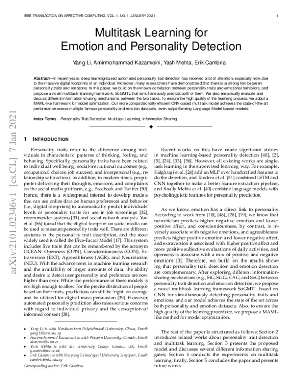 (PDF) Multitask learning for emotion and personality detection