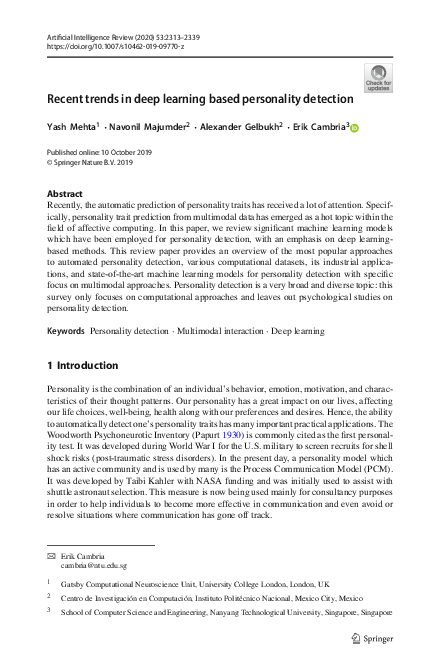 (PDF) Recent trends in deep learning based personality detection