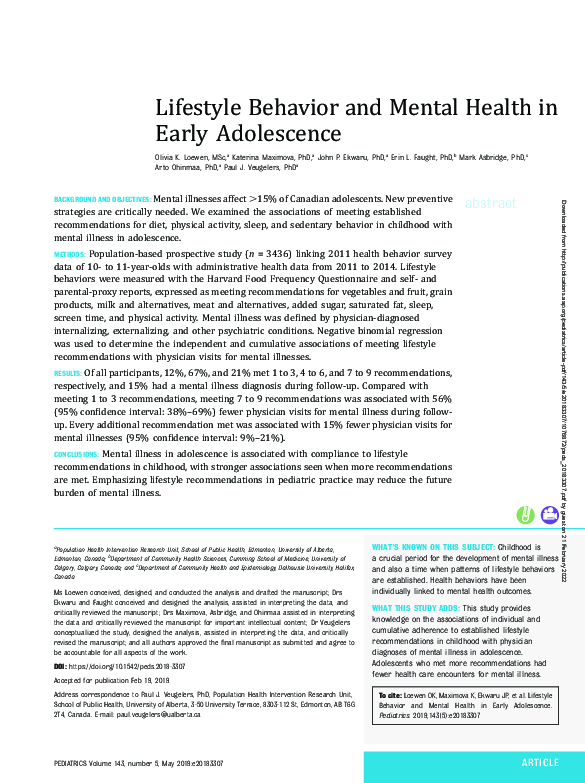 (PDF) Lifestyle Behavior and Mental Health in Early Adolescence