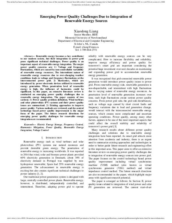 (PDF) Emerging Power Quality Challenges Due to Integration of Renewable ...