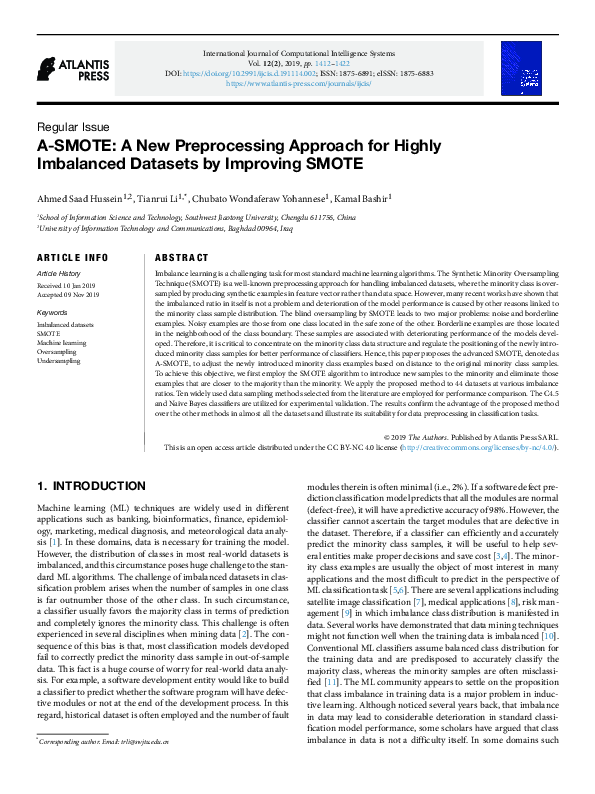 (PDF) A-SMOTE: A New Preprocessing Approach for Highly Imbalanced ...