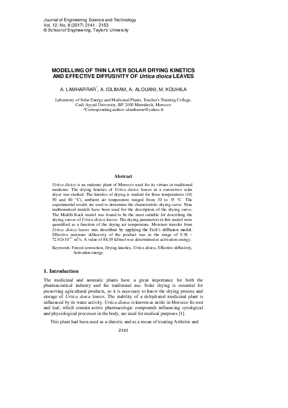 (PDF) MODELLING OF THIN LAYER SOLAR DRYING KINETICS AND EFFECTIVE ...