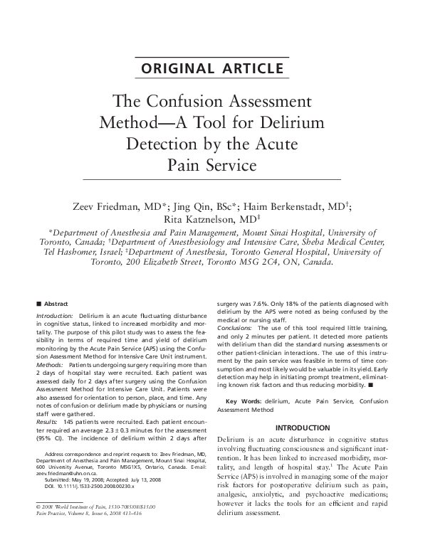 (PDF) The confusion assessment method--a tool for delirium detection by ...