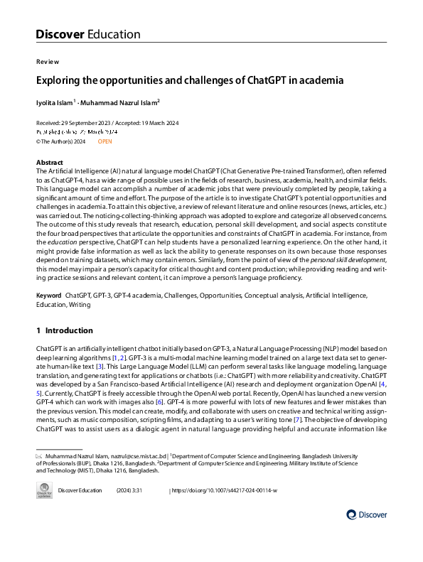 (PDF) Exploring the opportunities and challenges of ChatGPT in academia