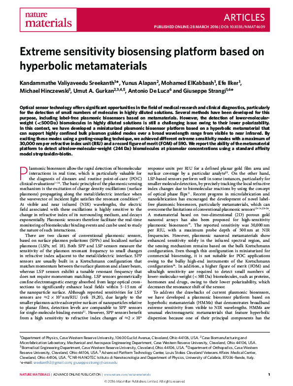 (PDF) Extreme sensitivity biosensing platform based on hyperbolic ...