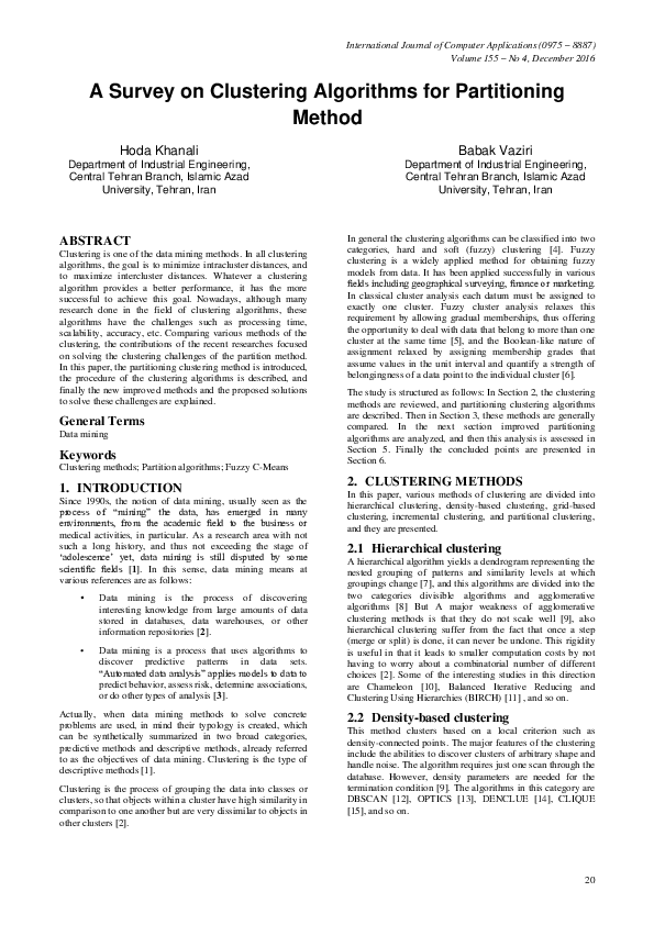 (PDF) A Survey on Clustering Algorithms for Partitioning Method