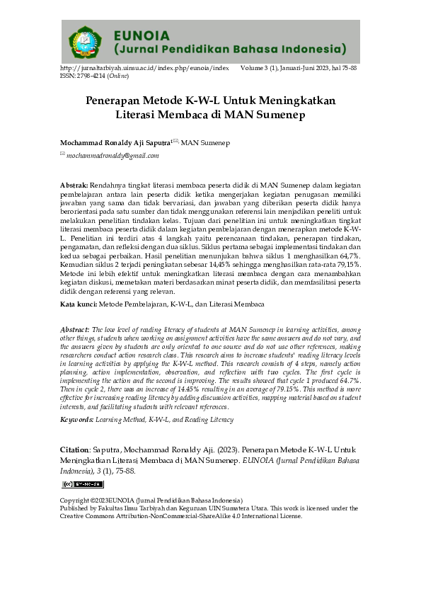 (PDF) Penerapan Metode K-W-L Untuk Meningkatkan Literasi Membaca di MAN ...