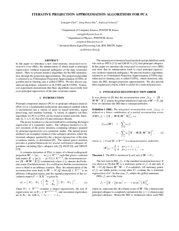 (PDF) Iterative Projection Approximation Algorithms for PCA