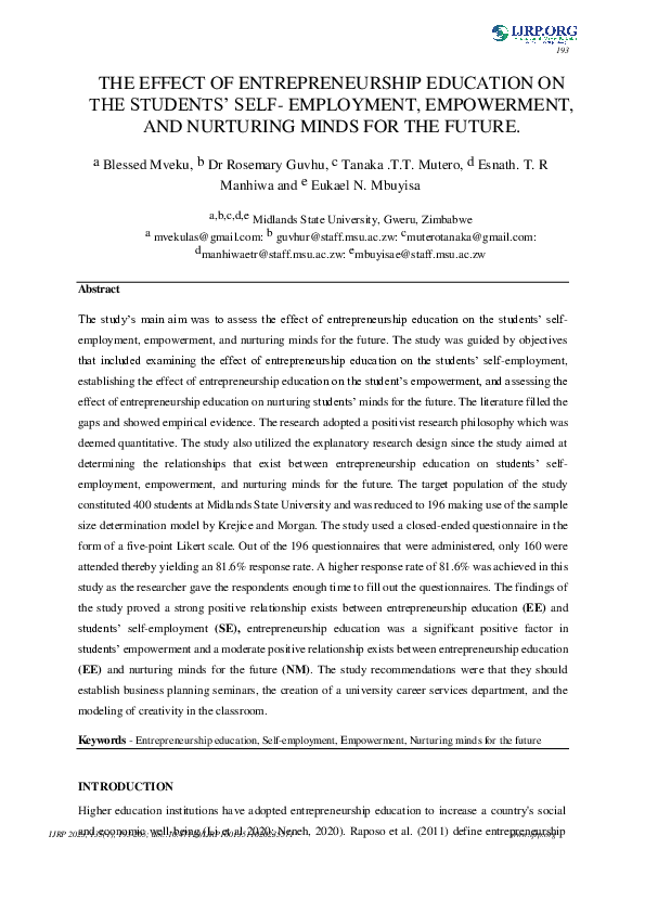 (PDF) The Effect of Entrepreneurship Education on the Students’ Self ...