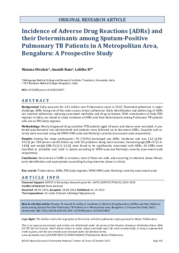 (PDF) Incidence of Adverse Drug Reactions (ADRs) and their Determinants ...