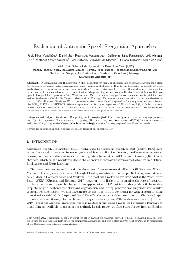 (PDF) Evaluation of Automatic Speech Recognition Approaches