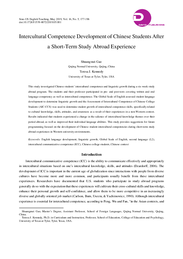 (PDF) Intercultural Competence Development of Chinese Students After a ...