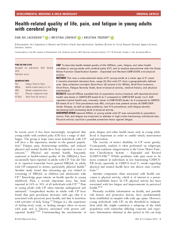 (PDF) Health‐related quality of life, pain, and fatigue in young adults ...