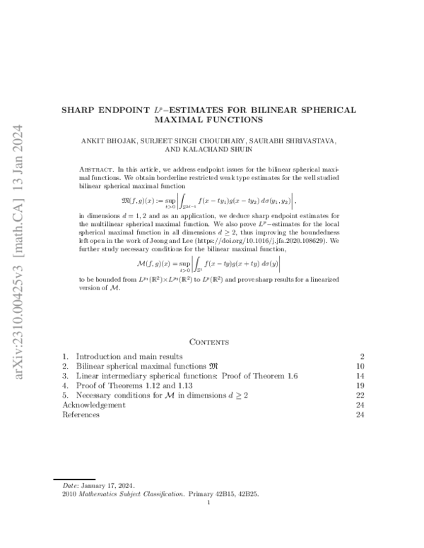 (PDF) Sharp endpoint $L^p-$estimates for Bilinear spherical maximal ...