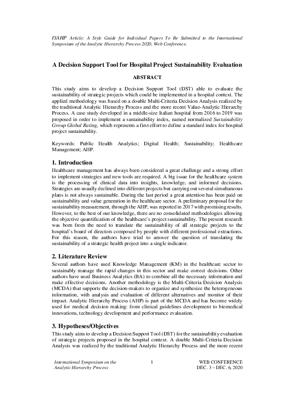 (PDF) A Decision Support Tool for Hospital Project Sustainability ...