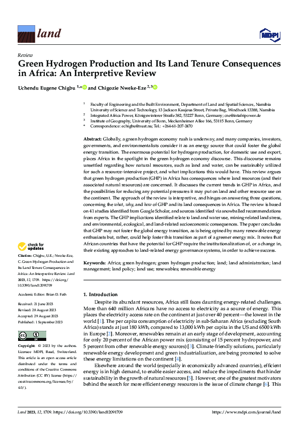 (PDF) Green Hydrogen Production and Its Land Tenure Consequences in ...