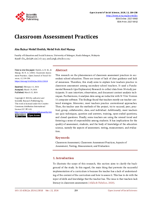 (PDF) Classroom Assessment Practices