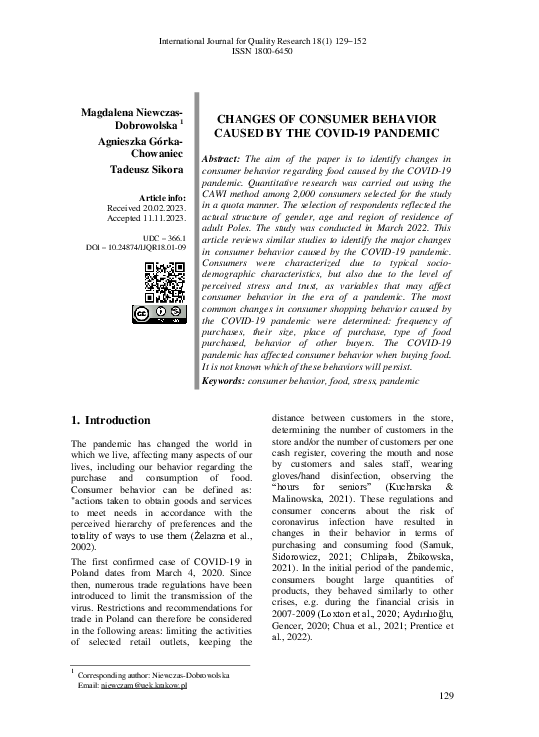(PDF) Changes of Consumer Behavior Caused by the COVID-19 Pandemic
