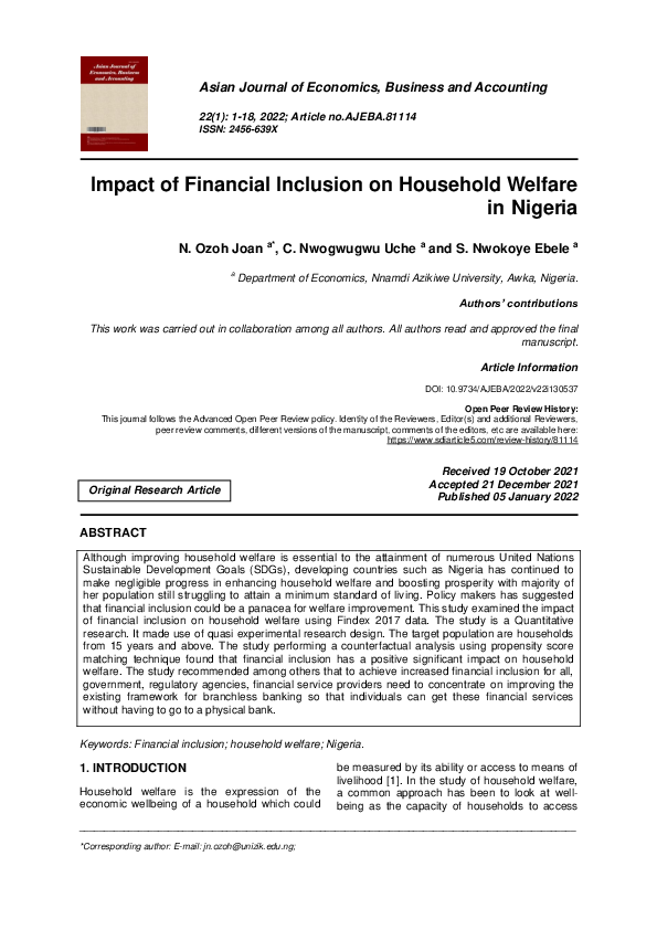 (PDF) Impact of Financial Inclusion on Household Welfare in Nigeria
