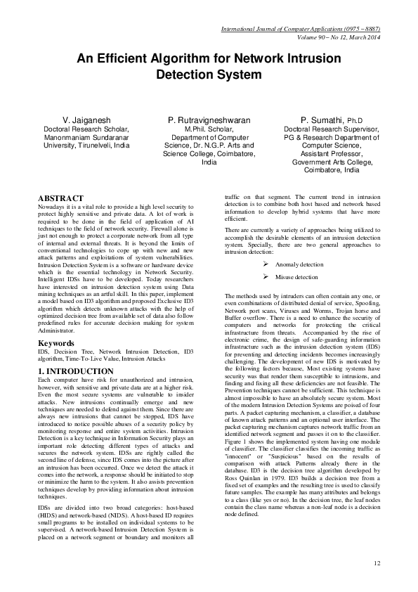 (PDF) An Efficient Algorithm for Network Intrusion Detection System