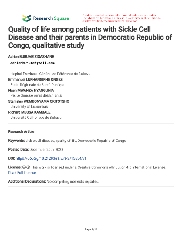 (PDF) Quality of life among patients with Sickle Cell Disease and their ...