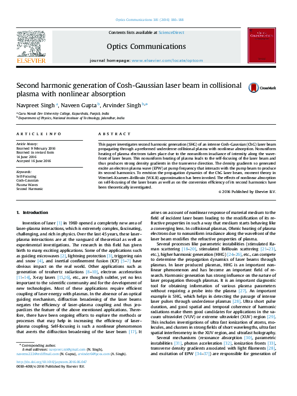 (PDF) Second harmonic generation of cosh-Gaussian laser beam in ...