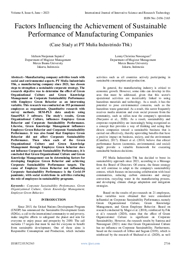 (PDF) Factors Influencing the Achievement of Sustainable Performance of ...