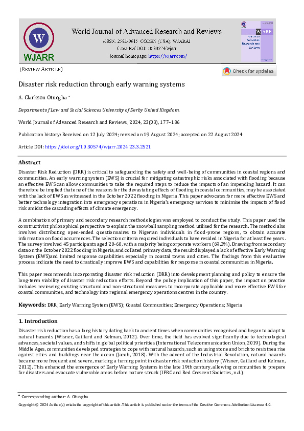 (PDF) DISASTER RISK REDUCTION THROUGH EARLY WARNING SYSTEMS