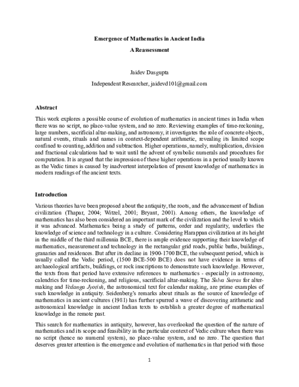 (PDF) Emergence of Mathematics in Ancient India: A Reassessment
