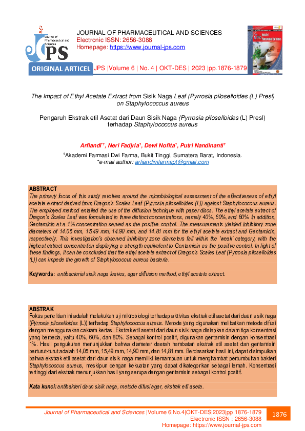 (PDF) Pengaruh Ekstrak etil Asetat dari Daun Sisik Naga (Pyrrosia ...