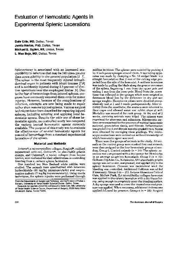(PDF) Evaluation of hemostatic agents in experimental splenic lacerations