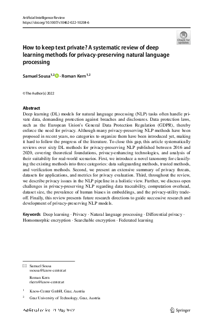 (PDF) How to keep text private? A systematic review of deep learning ...