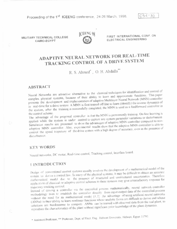 (PDF) Adaptive Neural Network for Real-Time Tracking Control of a Drive ...