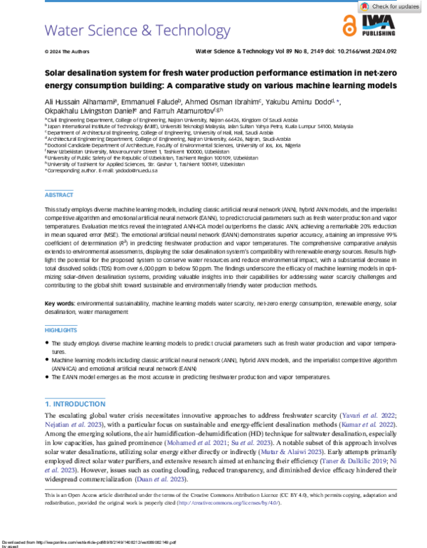 (PDF) Solar desalination system for fresh water production performance ...