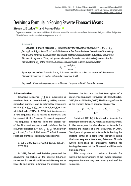 (PDF) Deriving a Formula in Solving Reverse Fibonacci Means