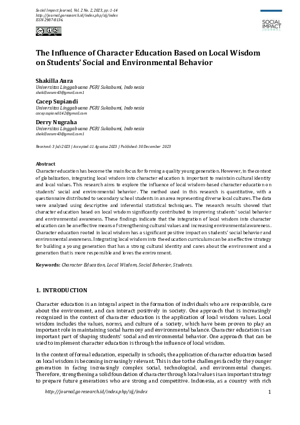 (PDF) The Influence of Character Education Based on Local Wisdom on ...