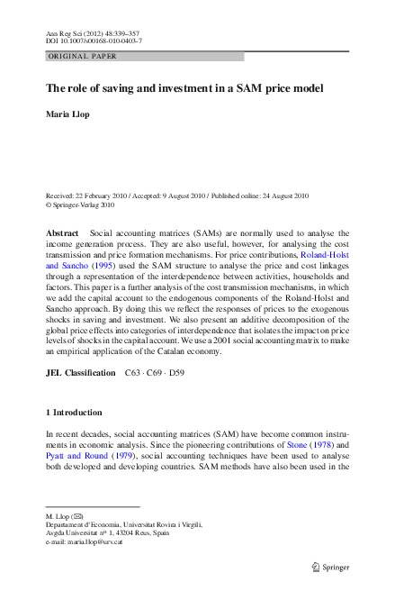 (PDF) The role of saving and investment in a SAM price model
