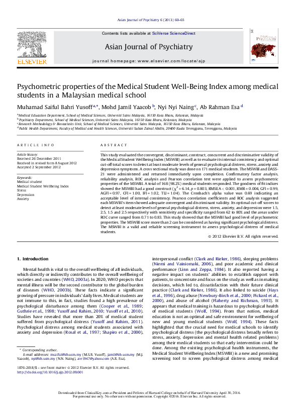 (PDF) Psychometric properties of the Medical Student Well-Being Index ...