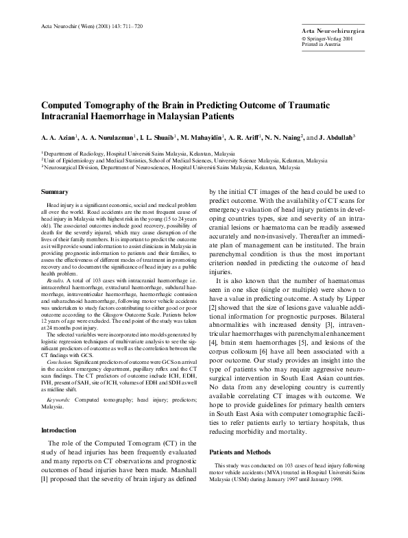 (PDF) Computed Tomography of the Brain in Predicting Outcome of ...