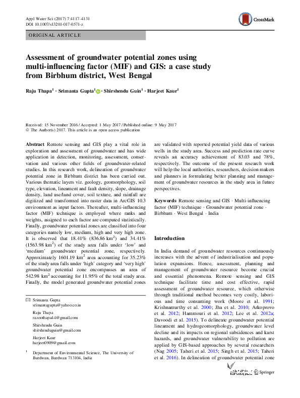 (PDF) Assessment of groundwater potential zones using multi-influencing ...