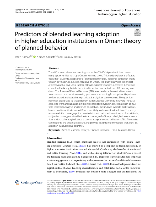 (PDF) Predictors of blended learning adoption in higher education ...